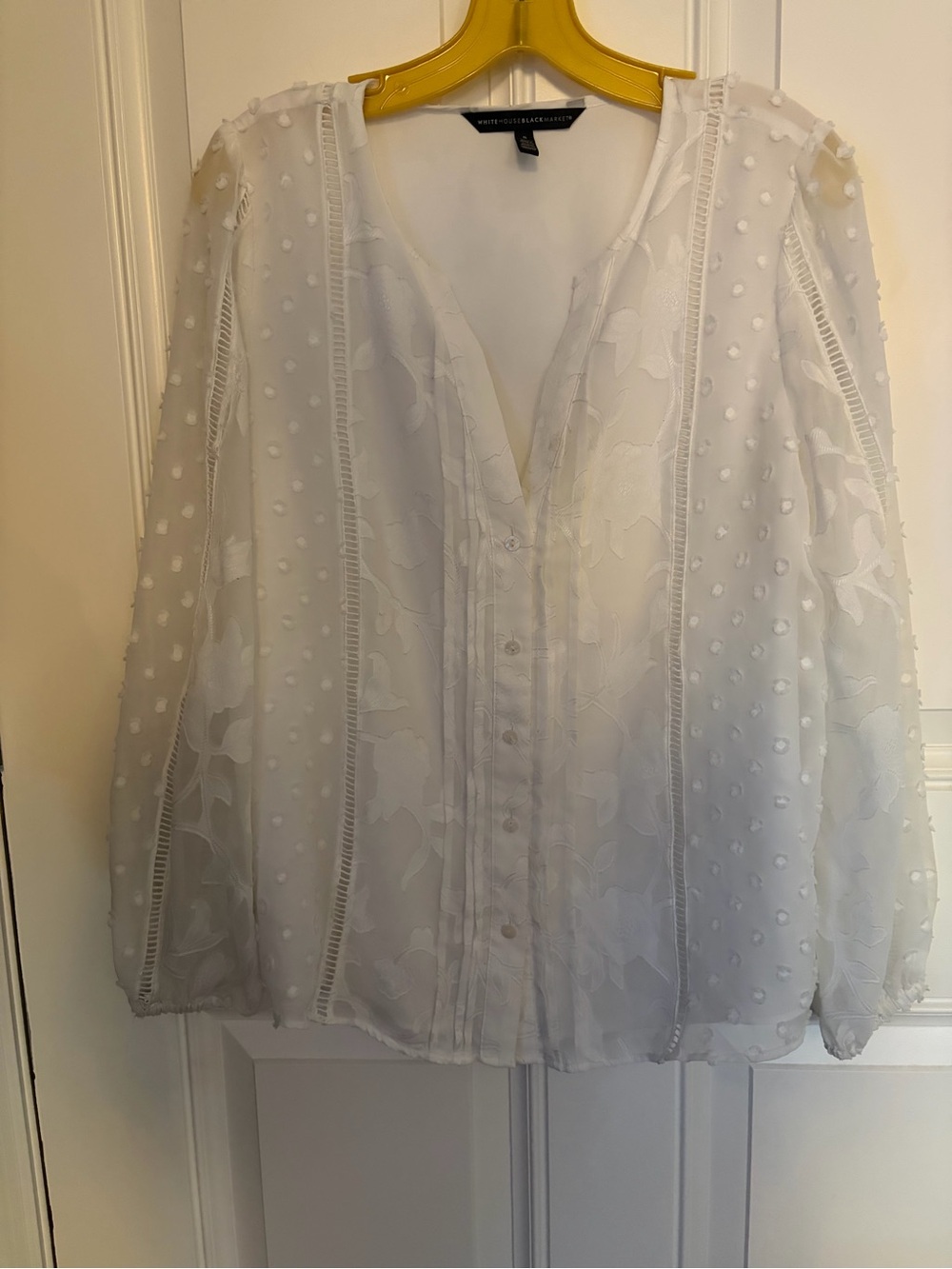 White House Black Market White Floral Swiss-Dot V-Neck Blouse
